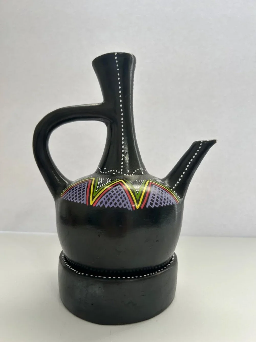 Ethiopian Jebena Coffee Pot w/ Stand Hand-Painted Black Ceramic Decorative FLAW